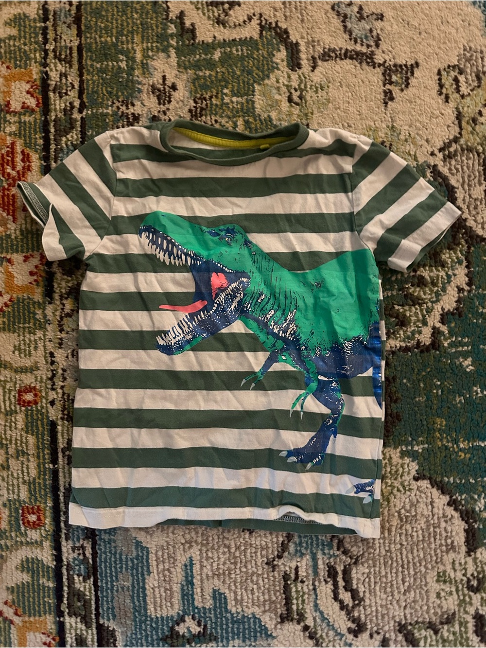 Mini Boden Green & White Striped Tee with Dinosaur Print